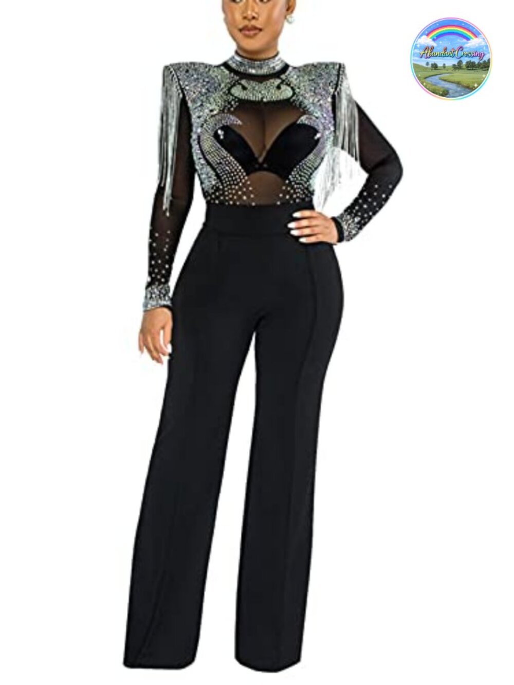 Women's Elegant Long Sleeve Bodycon Jumpsuit Sheer Mesh Rhinestone
